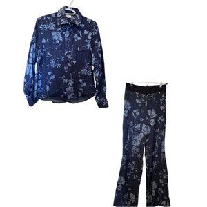 Liu Jo Milano Navy Chambray Floral Button Down Shirt & Wide Leg Pants Set